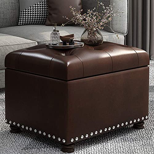 Leather Ottoman with Storage,24’’Foot Rest Ottomans with Hinged Lid Rectangle Upholstered Foot Stools Nailhead Trim for Living Room Bedroom,Classic Brown - color: Classic Brown