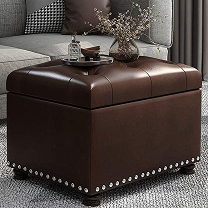 Leather Ottoman with Storage,24’’Foot Rest Ottomans with Hinged Lid Rectangle Upholstered Foot Stools Nailhead Trim for Living Room Bedroom,Classic Brown - color: Classic Brown