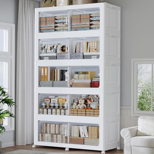 250Gal Stackable Storage Bins with Lid, 1000Qt Extra Large Collapsible Storage Box with Wheels, Dividers, Folding Plastic Cabinet Closet Organizers for Home Kitchen Office Dorm, 5Pack White - color: White, size: 50Gal-5Pack