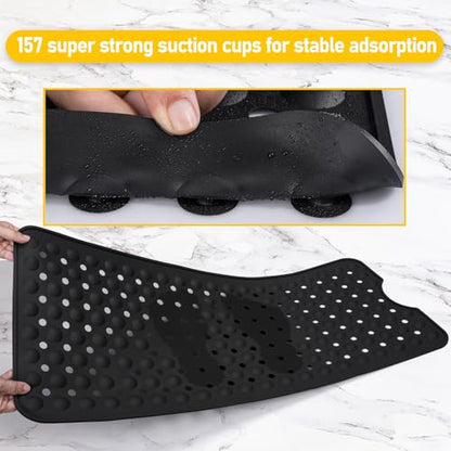 Silicone Bath Tub Mat Non Slip, 36"x16" Shower Foot Scrubber Mat with Drain Holes and Suction Cups, Upgraded Bathtub and Shower Mats, Machine Washable Bathtub Floor Liner Mats for Bathroom (Black) - color: Black