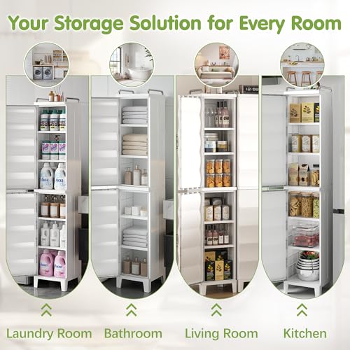 VECELO Narrow Storage Cabinet, 54.3” Tall Slim Storage Organizer with Adjustable Shelves, Magnetic Doors, for Small Space Kitchen, Bathroom, Laundry & Bedroom, White