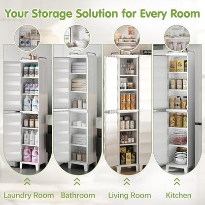 VECELO Narrow Storage Cabinet, 54.3” Tall Slim Storage Organizer with Adjustable Shelves, Magnetic Doors, for Small Space Kitchen, Bathroom, Laundry & Bedroom, White