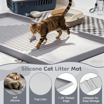 ISSEVE Cat Litter Mat 54" x 27.5" XXL, Extra Large Silicone Mat for Litter Box, 1.38" Raised Edge Urine Proof Litter Trapping Mat Pad for Scatter Control, Soft on Kitty Paws, Protect Floor (Grey) - color: Light Grey