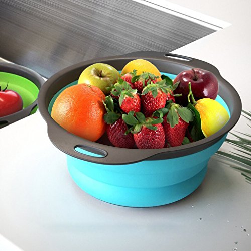 Qimh Collapsible Colander Set of 3 Round Silicone Kitchen Strainer Set - 2 pcs 4 Quart and 1 pcs 2 Quart- Perfect for Draining Pasta, Vegetable and fruit (green,blue, purple) - color: green,blue, purple