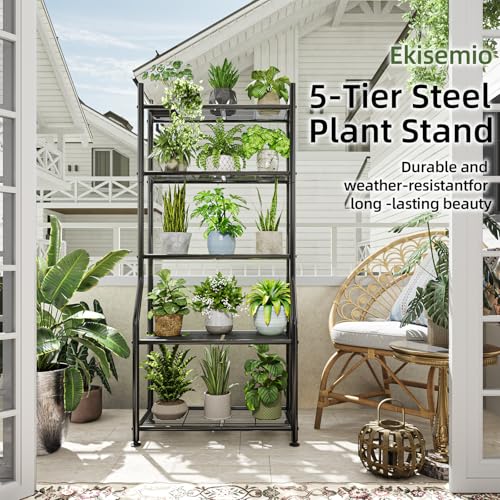 Ekisemio 5-Tier Plant Stands Outdoor with Hooks, Metal 63.5" Tall Plant Shelves Indoor for Hanging Planter, Black