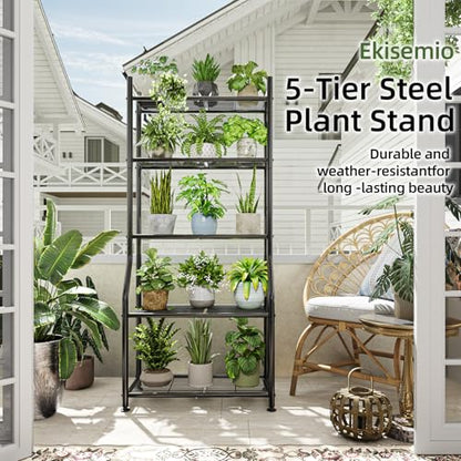 Ekisemio 5-Tier Plant Stands Outdoor with Hooks, Metal 63.5" Tall Plant Shelves Indoor for Hanging Planter, Black
