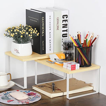 Counter Shelves Set of 4 Stackable Kitchen Cabinet Organizer Shelf and Expandable Wood Countertop Shelves for Bathroom Study Room, White - color: White