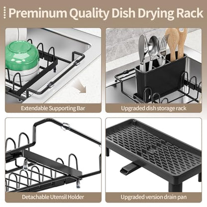 SanDream Dish Drying Rack, Small Over Sink Dish Drying Rack, Expandable Over the Sink Dish Drying Rack with Drip Tray for Kitchen Counter & in Sink - color: Deepblack