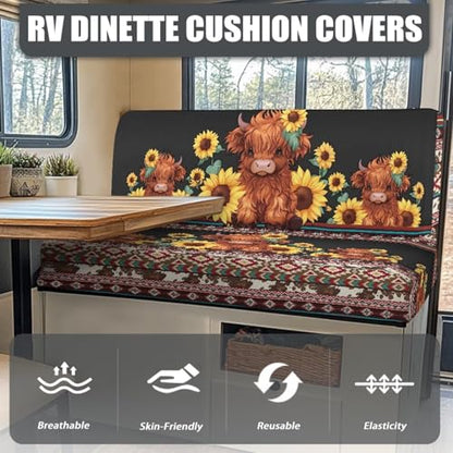 NDISTIN Aztec Highland Cow RV Dinette Cushion Covers 2Pcs RV Dinette Cushion Covers Booth Set Comfortable Camper Cushion Covers Stretch Couch Cover for RV Camper Sofa 2 Cushion - color: Aztec Highland Cow