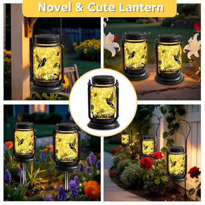 Hummingbird Solar Lanterns 3-in-1 Outdoor Waterproof - Birthday Gifts for Women Mom Christmas, Mason Jar Hanging Lanterns with Stake, Garden Decor Lights for Patio Yard Porch Lawn Balcony Decorations - style: Hummingbird