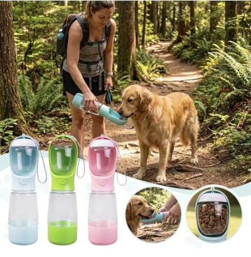 Portable Pet Water Bottle with Dispenser Bowl, 13.5 oz, Food-Grade Plastic, Manual Pressure Dispensing, Travel Water Bottle for Dogs and Cats (Blue) - color: Blue