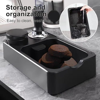 Espresso Tamping Station with Knock Box, 3-in-1 Coffee Organizer Compatible with 51/54/58mm Tamper, Anti-Slip ABS Storage & Barista Tools Holder