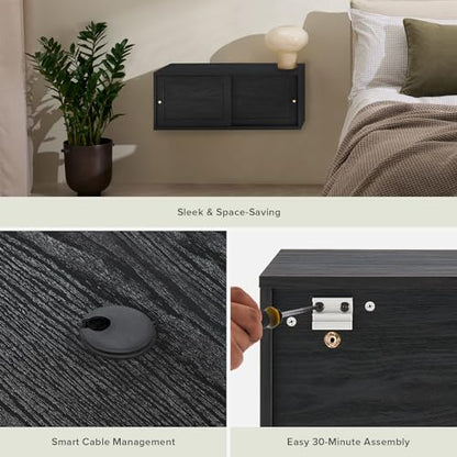 mopio Lauren Floating TV Shelf, Multi-Purpose Modular Under TV Display Shelf, Wall Mounted Wood Television Cabinet, Nightstand, Side Table, End Table, Bedside Shelves for Bedroom (Black, 31", Single) - color: Black, size: Single