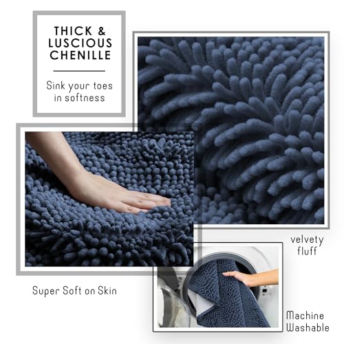 Hearth & Harbor Bathroom Rugs, Chenille Bath Mat - Machine Washable Bath Mats for Bathroom Non-Slip Backing Rubber, Quick Dry Bathroom Mat - Navy Blue 17x24-20x24 - color: Navy Blue, style: 17 x 24 + 20 x 24