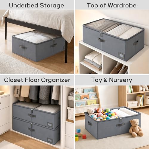 10" High Capacity Under Bed Storage Bins (3-Pack, Grey), Deep 600D Heavy Duty Oxford Fabric Storage Box for King Size Comforters, Pillows & Large Blankets - size: 10-Inch (3-PACK) - Deep