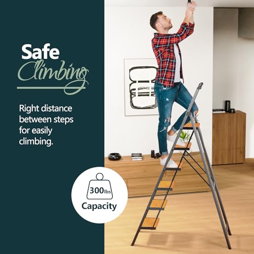 WOA WOA Step Ladder 6 Step Folding, Foldable Tall Ladder with Handrail, Aluminum Stepladder for High Ceilings, Lightweight, Deep Pedals, Anti-Slip Feet, Capacity 300 lbs - Black & Wood Grain - color: Black & Wood Grain, size: 6 step