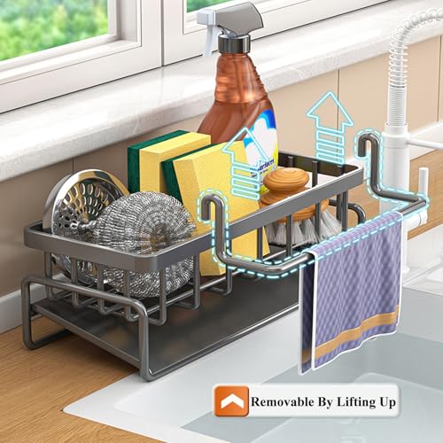 Sponge Holder for Kitchen Sink with Rag Holder, Kitchen Countertop Organizers and Storage Essentials, Rustproof Carbon Steel, Soap Dispenser Organize (Grey)