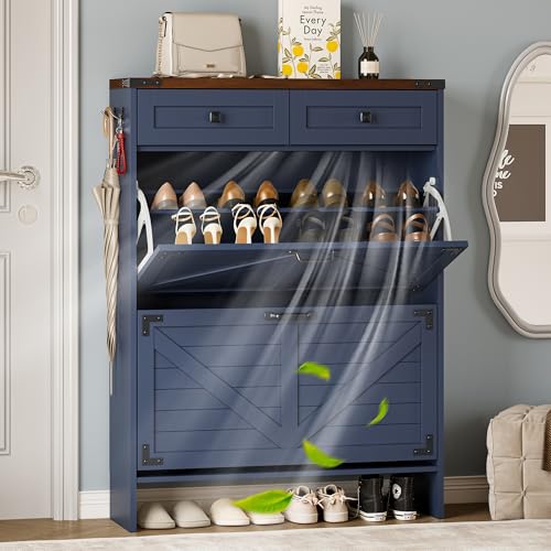 BORNOON Shoe Cabinet with Odor Control Deodorizer and Back Panel, Farmhouse Narrow Shoe Storage Cabinet Rack for Entryway with 2 Flip Drawers and 2 Top Drawers, Adjustable Shelves, Side Hooks - color: Blue, size: 2-Flip with Deodorizer