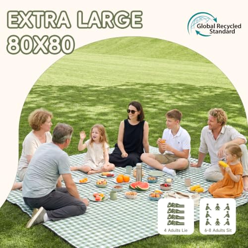 Genovega Waterproof Picnic Blanket Beach Outdoor Camping Mat Rug Extra Large Foldable Cute Big Travel Essential Accessories Gift Park Patio Lawn Garden Grass Play Music Festival Concert Must Have - color: Checkered Green
