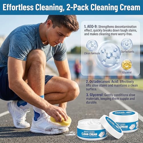 2PCS White Shoe Cleaner Cream with Sponge, Instant Shoe Cleaning Paste, No-Wash Sneaker Cleaner, Stain Remover for Leather Shoes, White Soles, Sports Shoes and Casual Footwear
