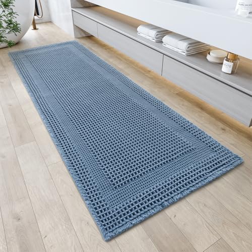 AMOAMI Waffle Bath-Mat, Absorbent Bath Mats for Bathroom Non Slip, Machine Washable Bathroom Rugs with Tassels Ultra Soft Boho Bath Rugs for Floor 2'x4'(24"x48") Blue - color: Blue, size: 24"x48"