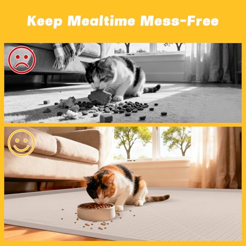 Lorvain 45" x 30" Cat Food Mat, Extra Large Silicone Pet Feeding Mat with Raised Edges, Pet Placemat for Cat Dog Food and Water Bowl Waterproof, Non-Slip, Easy to Clean, Floor Protection, Beige - color: Beige: 45" x 30"