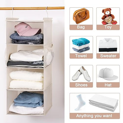 MAX Houser 4 Tier Shelf Hanging Closet Organizer, Space Saver,Closet Hanging Shelf with 2 Sturdy Hooks for Storage, Foldable (Beige) - color: Beige-4
