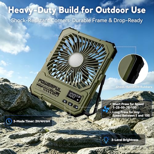 Portable Fan, Camping Fan, 20000mAh 6-Inch 18-85H Rechargeable Ultra Thin Foldable with Built-in Power Bank, LED Light, Remote Control, Hook for Outdoor Camping Tent RV Travel (Black) - color: Black