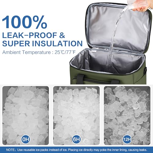 Large Insulated Cooler Bag, 50 Can Soft Sided Collapsible Ice Chest for Camping, Travel, Grocery, Kayaking & Beach (Waterproof, Leak-Proof, 30L) - color: Army Green