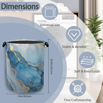 Blue Gold Marble Laundry Basket,Foldable with Handles Tote Bag Oxford Cloth for Bathroom Bedroom Dirty Clothes Storage Bucket 16" x 20.8" - color: Blue Gold Marble