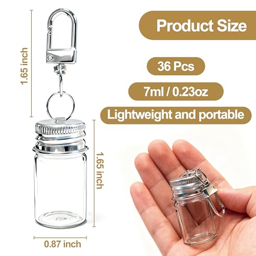 36 Pack 7ml Mini Glass Bottles with Aluminum Lids and Keychains, Tiny Wishing Jars for DIY Crafts, Wedding Favors, Home Decoration & Travel Gifts - size: 7ml-36Pcs