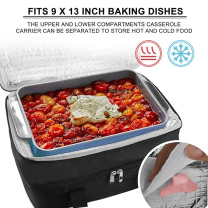 esouler Double Insulated Casserole Carrier Bag Hot & Cold Food Carrier Bag Lasagna Holder Lunch Bag for Picnics, Parties, Travel, Fits 9 x 13 Inches Casserole Dish-Black - color: Black, size: 16x10x7.2 in