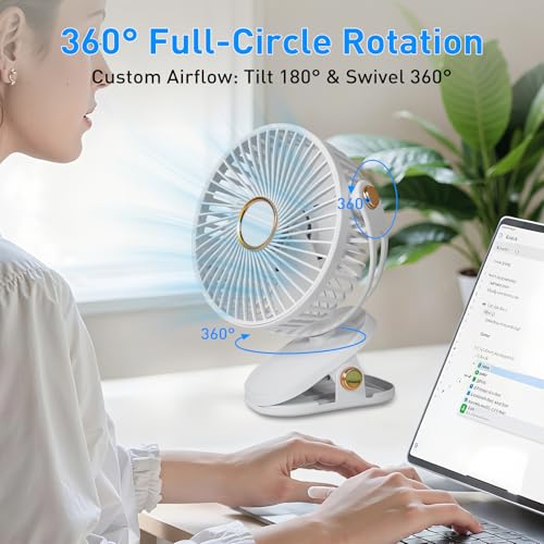 Portable Clip on Fan 5 Speeds 360° Dual Rotation Brushless Motor Ultra Quiet <20dB LED Light USB Rechargeable