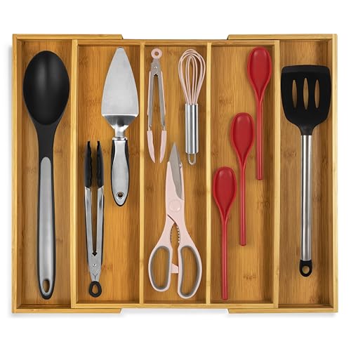 Purawood Kitchen Drawer Organizer - Expandable Utensil Drawer Organizer for Kitchen, Cutlery Tray & Silverware Organizer, 3-5 Slots - Bamboo Organizer for Utensils & Flatware (Natural) - color: Natural, size: 5 Slot