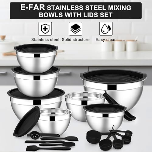E-far Mixing Bowls with Lids Set, 21PCS Stainless Steel Salad Mixing Bowls with 3 Grater Attachments, Size 7, 4.6, 3.5, 2.6, 2, 1.5, 1QT, Nesting Design & Black Airtight Lid, For Baking/Prepping - color: Black, size: 7 Large Sizes