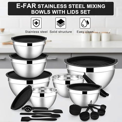 E-far Mixing Bowls with Lids Set, 21PCS Stainless Steel Salad Mixing Bowls with 3 Grater Attachments, Size 7, 4.6, 3.5, 2.6, 2, 1.5, 1QT, Nesting Design & Black Airtight Lid, For Baking/Prepping - color: Black, size: 7 Large Sizes