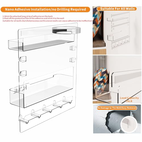 Yieach Bedside Shelf for Dorm Bed,Rv,Small Room and Nightstand,Wall Mounted Floating Shelves and Bedside Wall Organizer for Remote,Phone Holder,Charging Shelf,Cute Bedroom Decor for College Girl,Clear