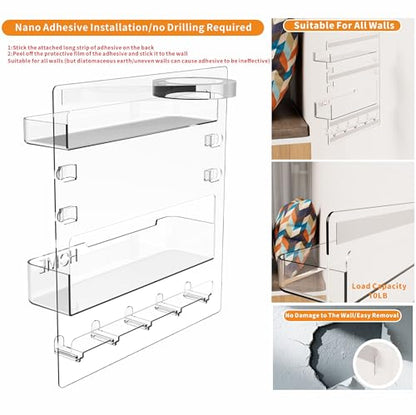Yieach Bedside Shelf for Dorm Bed,Rv,Small Room and Nightstand,Wall Mounted Floating Shelves and Bedside Wall Organizer for Remote,Phone Holder,Charging Shelf,Cute Bedroom Decor for College Girl,Clear