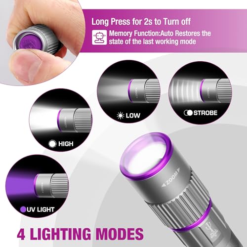 EverBrite Rechargeable Pen Flashlight with UV Light and White Light, 395nm Black Flashlight with Clip, Zoomable 4 Modes with Memory, USB C Cable, for Camping, Emergency, Pet Urine Detection,Grey - color: Gray