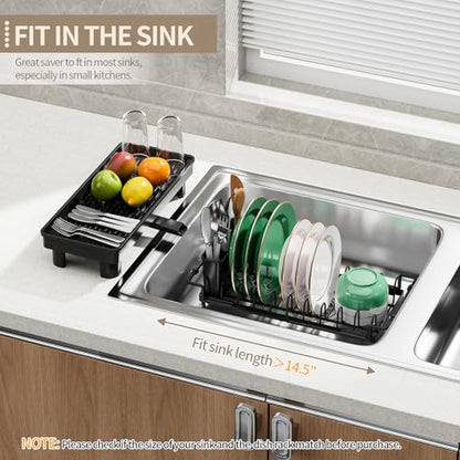 SanDream Dish Drying Rack, Small Over Sink Dish Drying Rack, Expandable Over the Sink Dish Drying Rack with Drip Tray for Kitchen Counter & in Sink - color: Deepblack