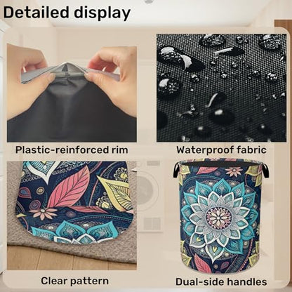 Bohemian Blue Flowers Laundry Basket, Dirty Clothes Basket, Water Resistant Foldable Hamper for Women, Storage Basket for Bedroom, Bathroom, Clothes - color: Bohemian Flowers