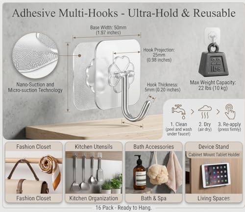 Adhesive Wall Hooks, Clear, Plastic, Heavy Duty, 16 Pack
