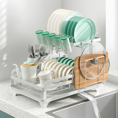 Dish Drying Rack Without Installation 2 Tier Metal Dish Racks for Kitchen Counter for 1-3 People with Drain Board Multifunctional Storage and Drainage Apartment Essentials - color: White, size: 2 Tier