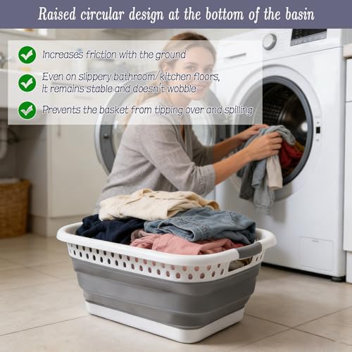 2 Pcs Collapsible Laundry Baskets, 11 Gallon 42L Collapsible Laundry Clothes Hamper, Foldable Laundry Hamper with Non-Slip Handles, Portable Space Saving Pop-Up Laundry Hamper Container (Grey-White)