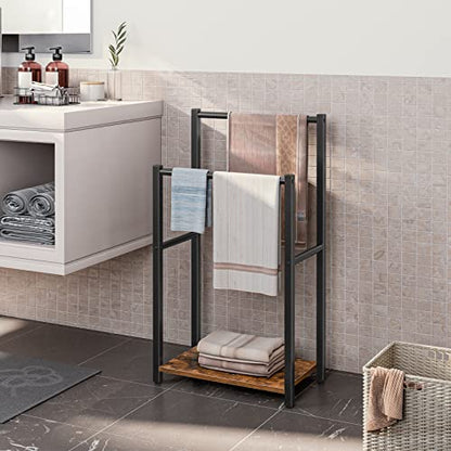 HOOBRO Free Standing Towel Rack for Bathroom, 2 Tier Blanket Rack, 16.5" L x 9.4" W x 31.5" H, Blanket Holder, Drying and Display Rack with Shelf, Rustic Brown and Black BF02LB01 - size: 16.5"L x 9.4"W x 31.5"H