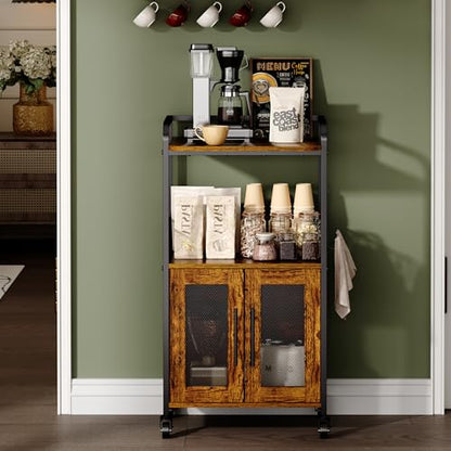 Hencawima Small Coffee Bar Cabinet with Storage, 3-Tier Rolling Coffee Bar Table, Farmhouse Coffee Cart Station with 2 Doors for Living Room, Dining Room, Rustic Brown - size: Small