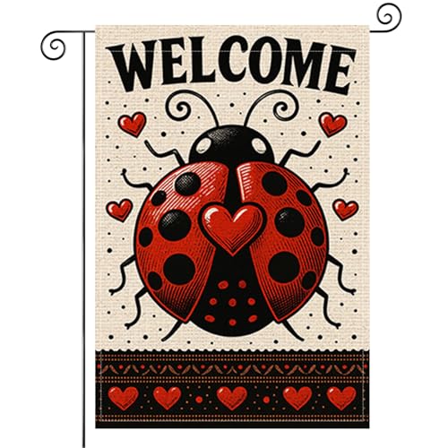 BlissYard Welcome Ladybug Garden Flag 12x18 Inch Double Sided Heart Ladybug Folk Art Burlap Garden Flag Rustic Farmhouse Yard Outdoor Small Banner for Porch Patio Lawn Spring Summer Decoration - color: Ladybug Garden Flags