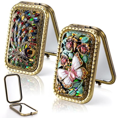 Eorbow 2 Pcs Vintage Foldable Makeup Mirror, Portable Cosmetic Pocket Mirror, Double Sided Butterfly Peacock Vanity Mirror, Metal Compact Small Folding Travel Mirror for Woman Girls