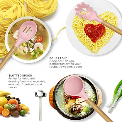 oannao Silicone Kitchen Utensils Set - 446°F Heat Resistant Cooking Utensil Sets, Spatula,Turner,Tongs,Spoon,Whisk, Wooden Handle Silicone Kitchen Gadgets Tools for Non-Stick Cookware BPA Free (Pink) - color: Pink