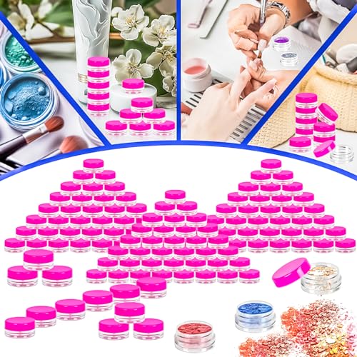100 Pcs 3g Empty Plastic Containers with Lids,Tiny Makeup Sample Containers, Small Pot Jars Pink Round Cosmetic Jars with 20 Pcs Mini Spatulas for Liquid Sample Powder Creams (Pink Lid) - color: Pink, size: 100PCS